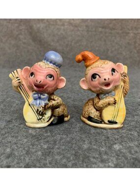 Vintage Anthropomorphic Monkey Figurines Playing Guitar Salt and Pepper Shakers